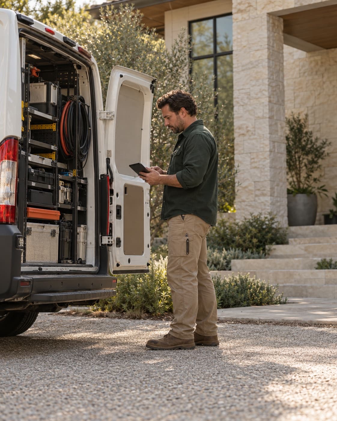 Home-service contractor beside a service van