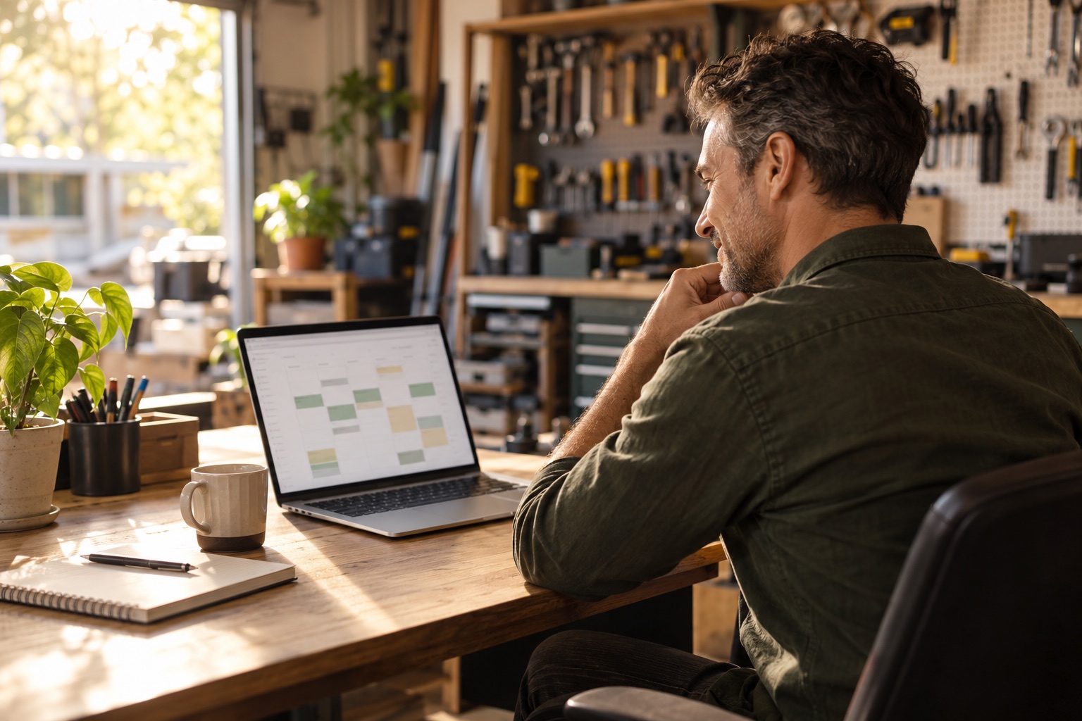 A home-service business owner reviewing the week’s schedule in his workshop