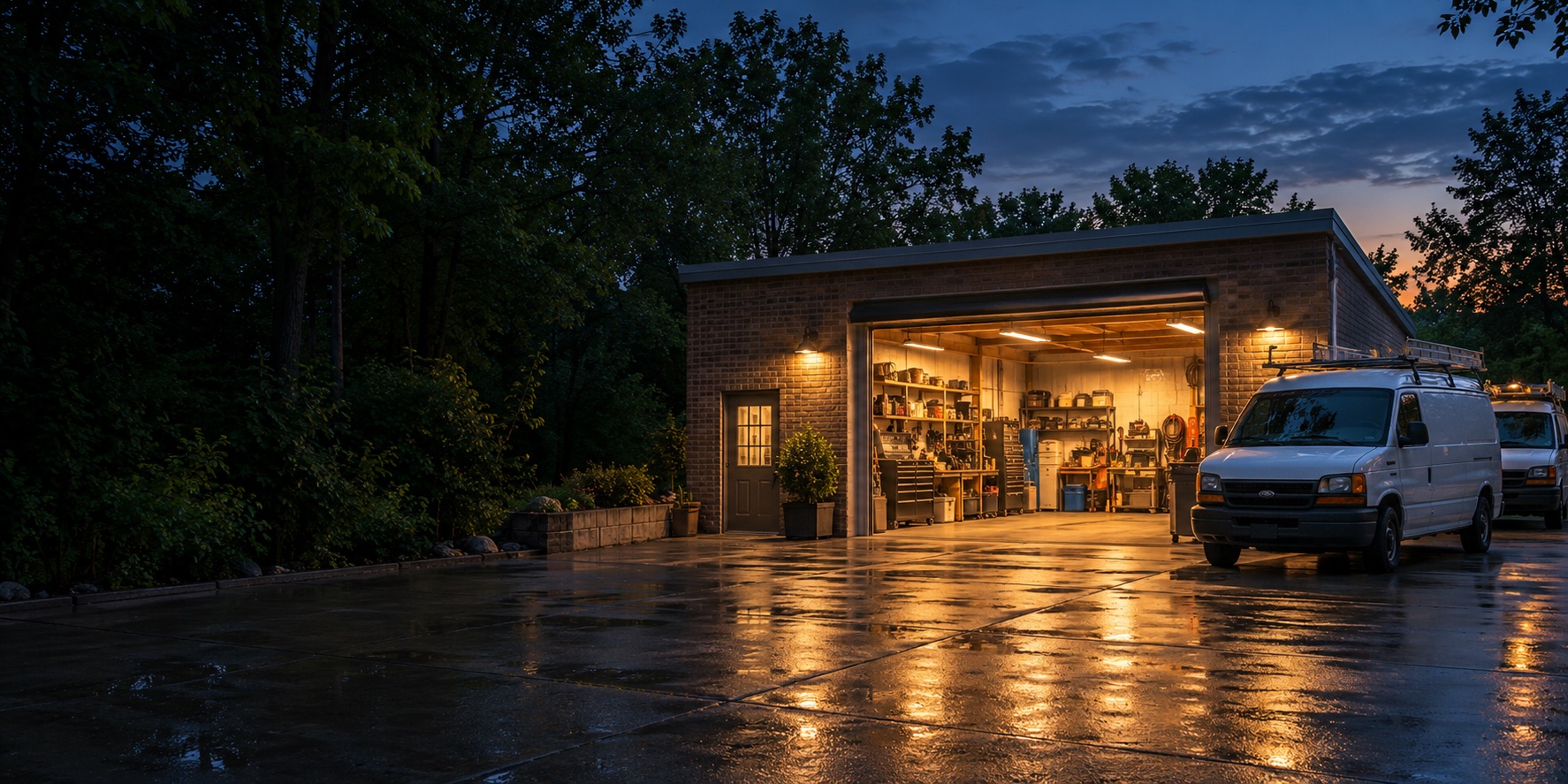 Service vans outside a warmly lit local workshop at dusk